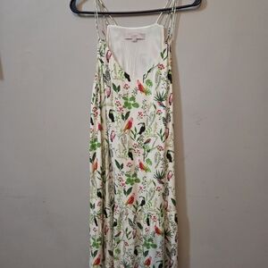 LOFT Floral Bird Print Midi Dress - Cream and Green Lg